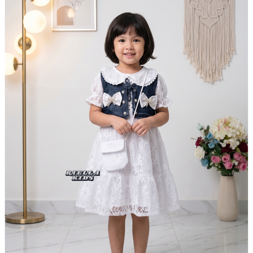 Dress Brokat Kamari Model Rompi Jeans Free Tas Anak Perempuan Usia 3-10 Tahun / Dress Lebaran Terbar