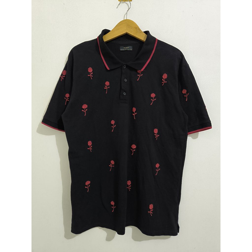 Polo Shirt Zara Turkey Red Rose Black XL Slimfit fit L