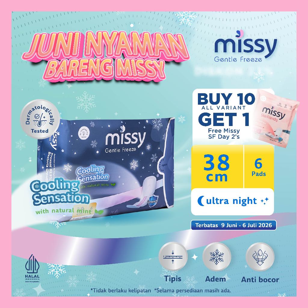 Pembalut MISSY GENTLE FREEZE ULTRA NIGHT / Pembalut HERBAL Kesehatan  Wanita Bersalin / Wings 380mm 