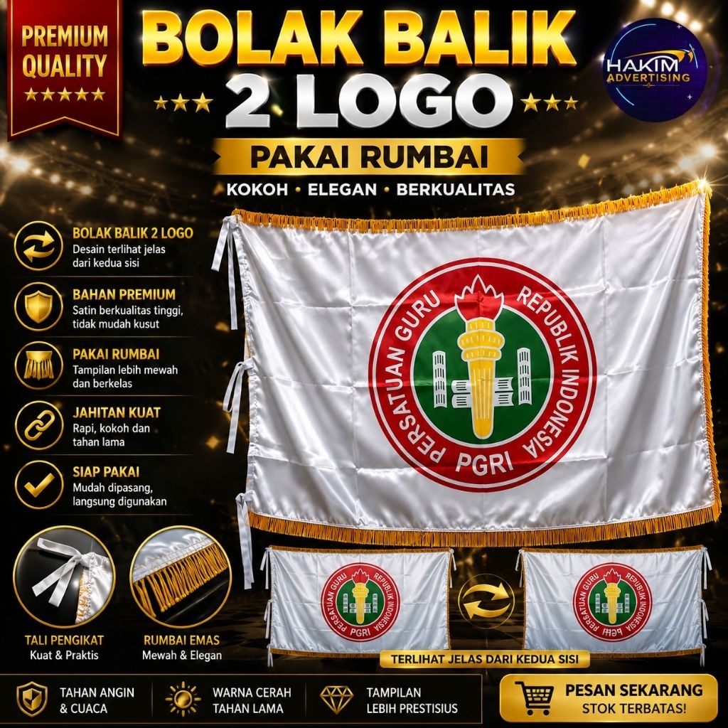 Bendera PGRI bahan satin logo sablon ukuran 90cmx135cm