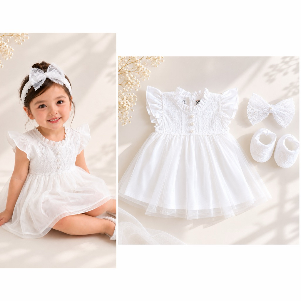Dress Bando Sepatu Anak Gamis Muslim Bayi Cewek Sweet Love Bunny Pure White Aqiqah Mawar Earth Tone 
