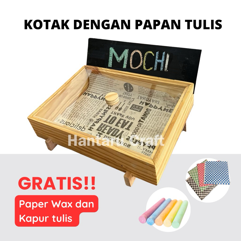 Kotak donat kayu penutup akrilik  dengan papan tulis free paper wax  | Box Street Food | Display Kue