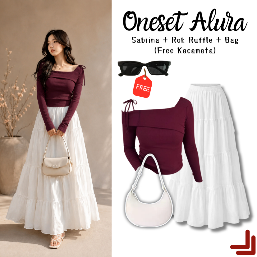 One Set Alura Wanita Korean Look (Sabrina, Rok Rufle, Bag) Outfit Wanita Elegan Cantik Premium Kekin