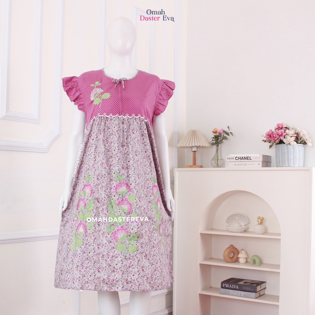Omah Daster Eva | Daster Wanita pendek Bordir Cantik Malang Size L | Katun Jepang Premium |  Adem Ny