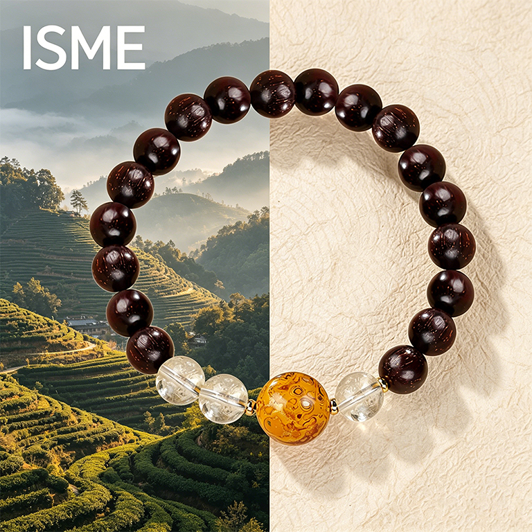 ISME Gelang kristal putih + kayu cendana daun kecil + manik-manik pernis(HIGH QUALITY)