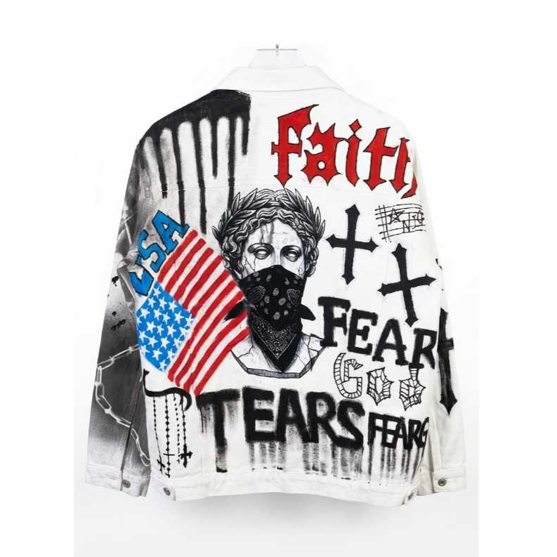 Jaket Denim Putih Faith Fears Tears Streetwear