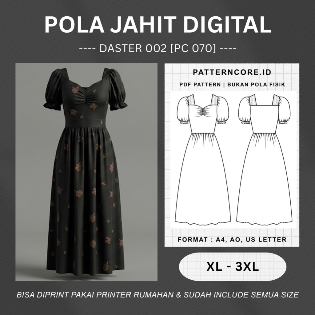 Pola Jahit Digital | PC 070 -  Daster wanita lengan pendek | PATTERNCORE
