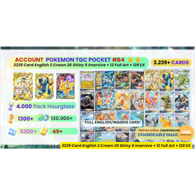 [3239+ CARDS ENG] Account – 2 Crown Solgaleo EX + Baxcalibur + 20 Shiny + 6 Immersive Pikachu EX + S