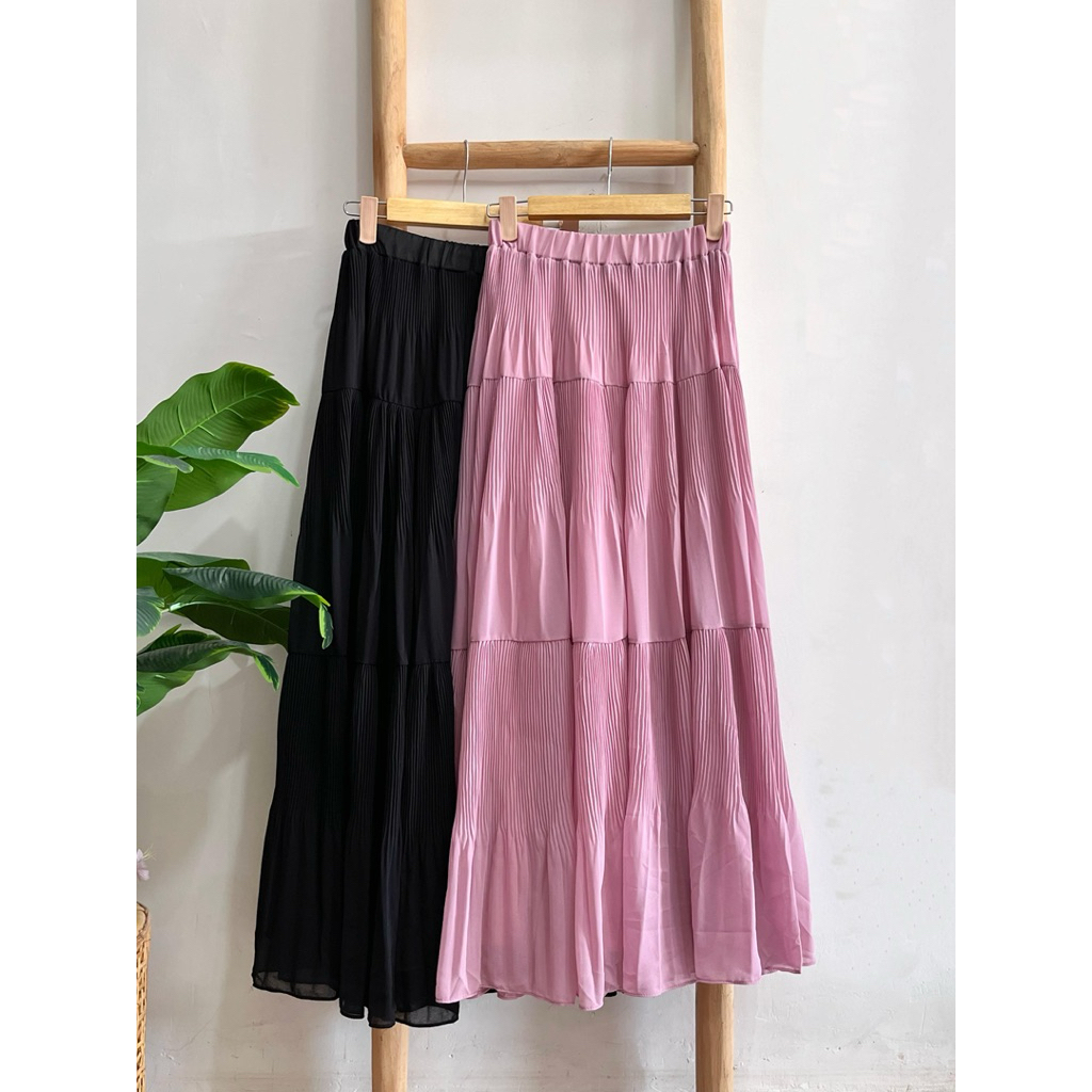 ROK PLISKET SUSUN 3963 3964 ROK SIFON CHIFFON PINK HITAM