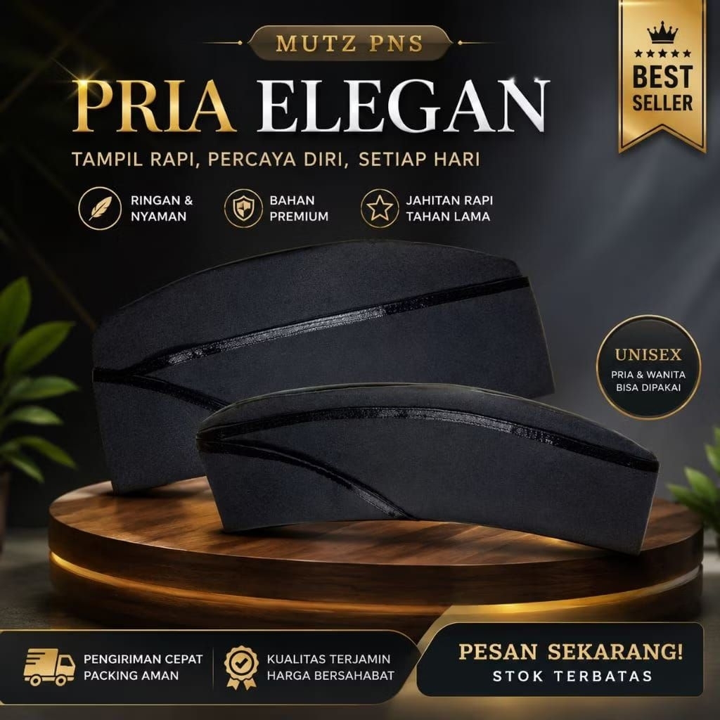 PNS PREMIUM TOPI MUTZ KORPRI KEMENDAGRI BAHAN DRILL HITAM PITA HITAM PRIA WANITA TERBAIK