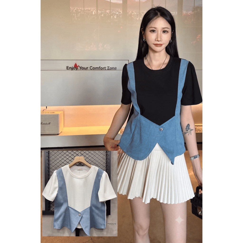 H&J HNJ HJ BANGKOK - ATASAN KAOS KATUN KOMBINASI SOFT DENIM ROMPI VEST TIMBUL 3D DIAMOND