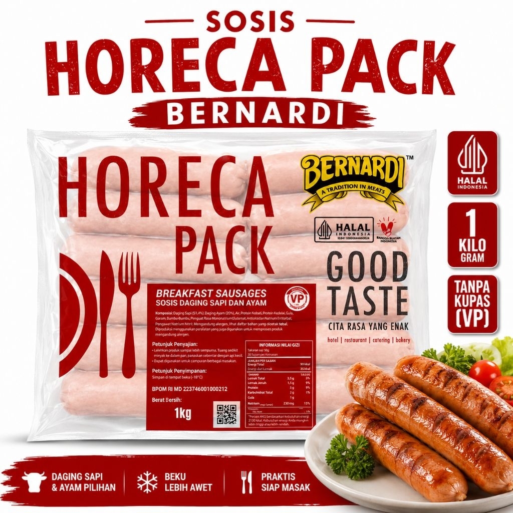 SOSIS HORECA BERNARDI 1KG Sosis Sapi Ayam Frozen Food Sosis Bakar Goreng VP Tanpa Kupas Surabaya