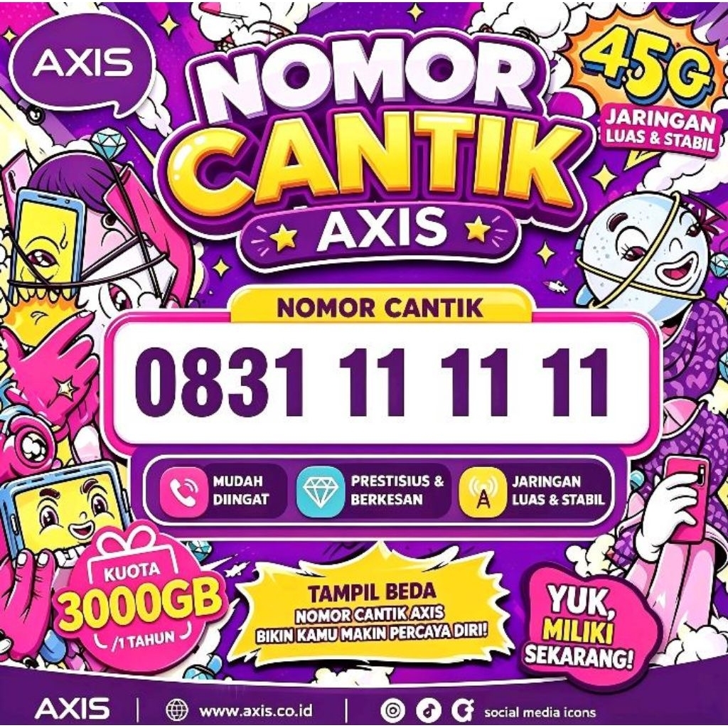 KARTU PERDANA AXIS NOMOR CANTIK BONUS KOUTA INTERNET 3000 GB MASA AKTIF SELAMA 1 TAHUN