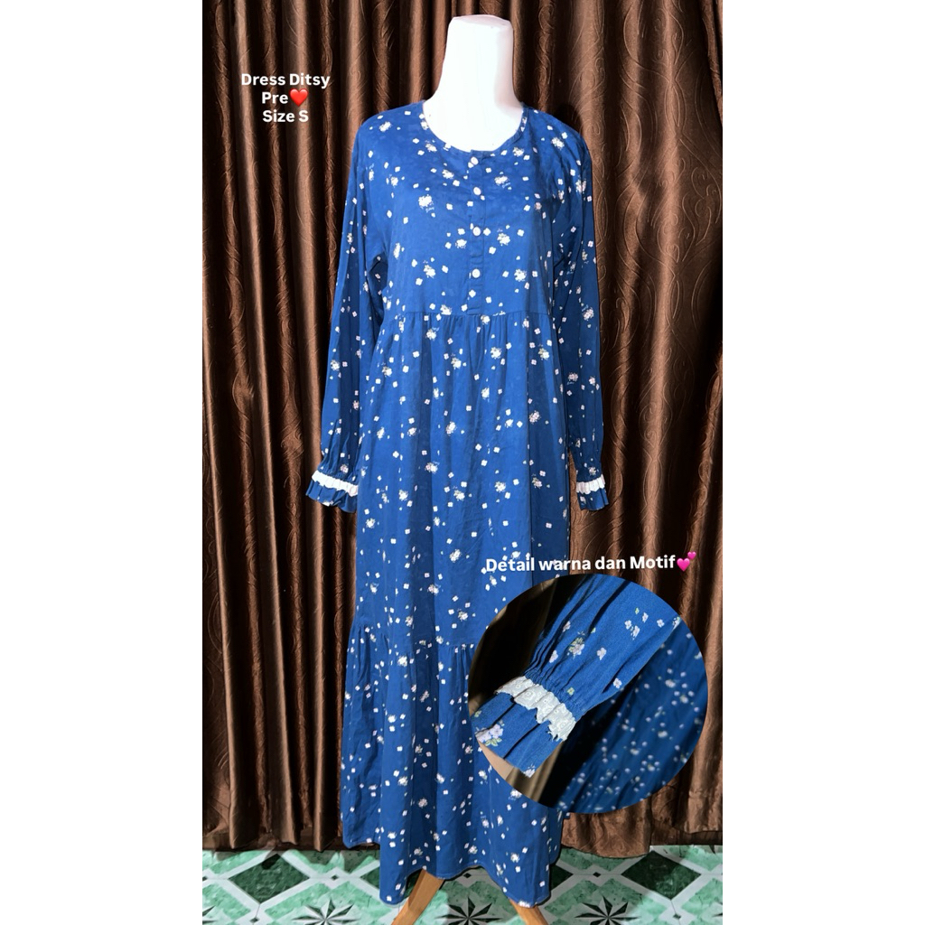 Dress Ditsy Preloved Size S Warna Drak Blue