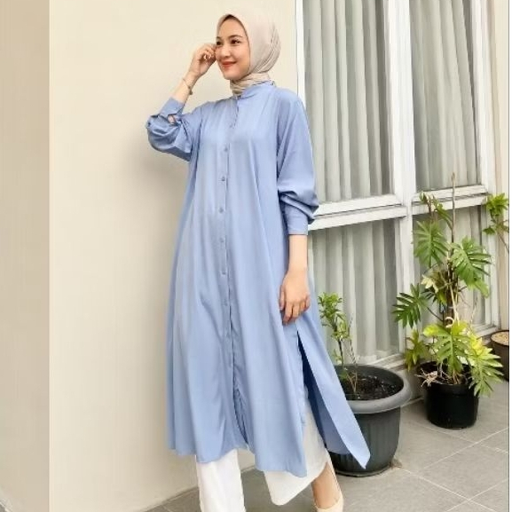 Long Tunik Wanita Polos Baju Panjang Shakila Botega & Crinkle Airflow Kemeja Kasual Standart Jumbo