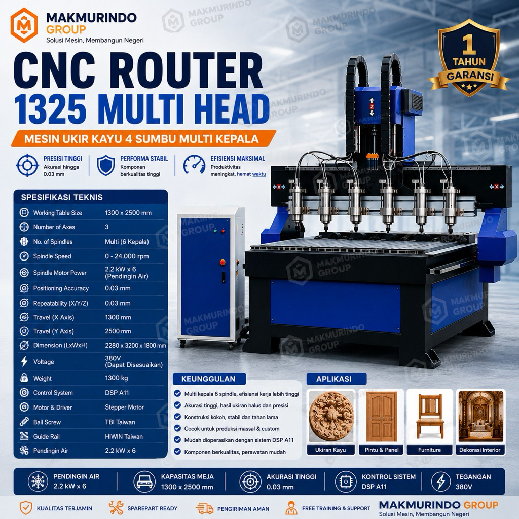 CNC Router 1325 Multi Head 6 Spindle Mesin Ukir Kayu MDF Plywood Furniture Door Panel CNC Wood Route