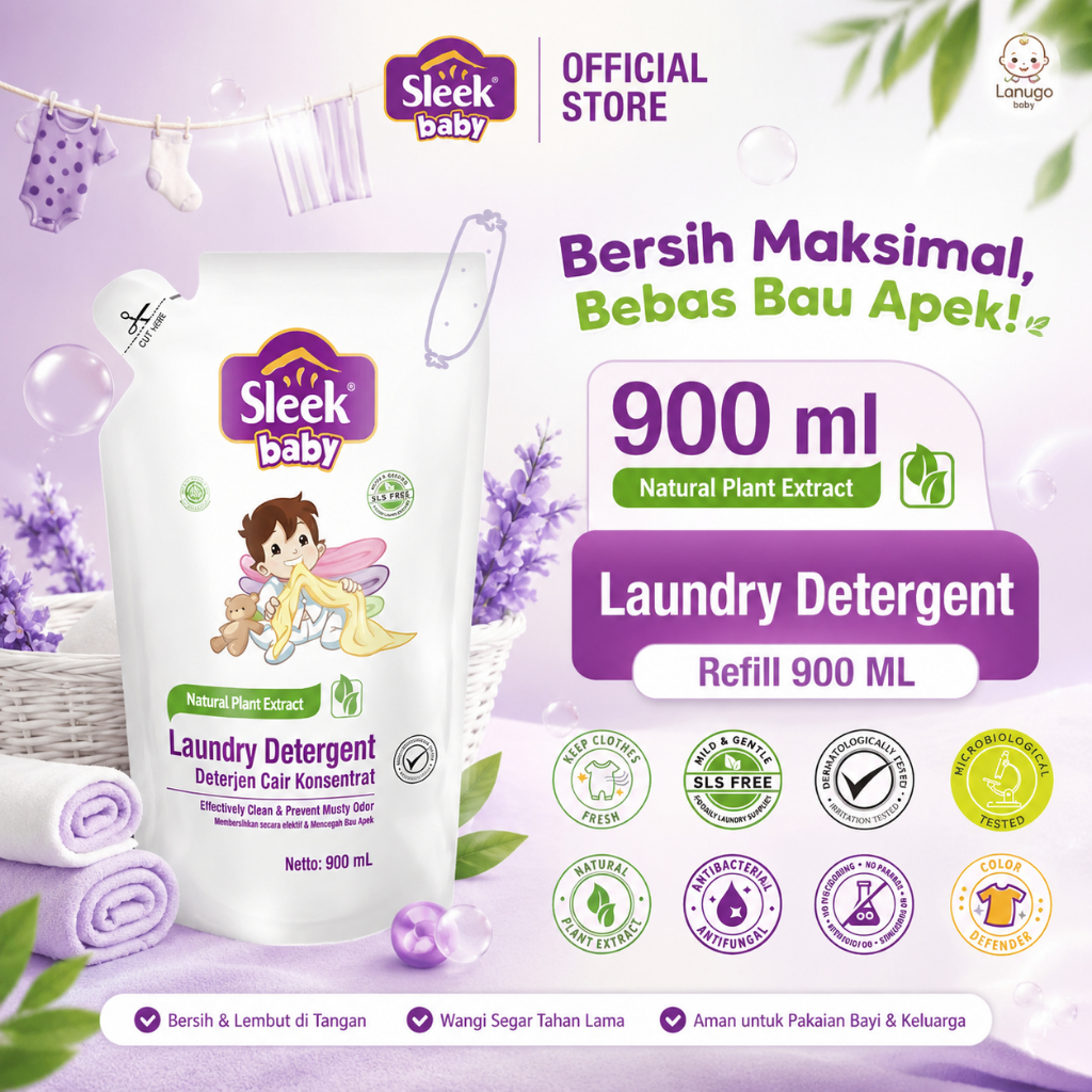 Sleek Baby Laundry Detergent 900 Refill 900 ML Slek Sabun Cuci Baju Cair Isi Ulang Bayi