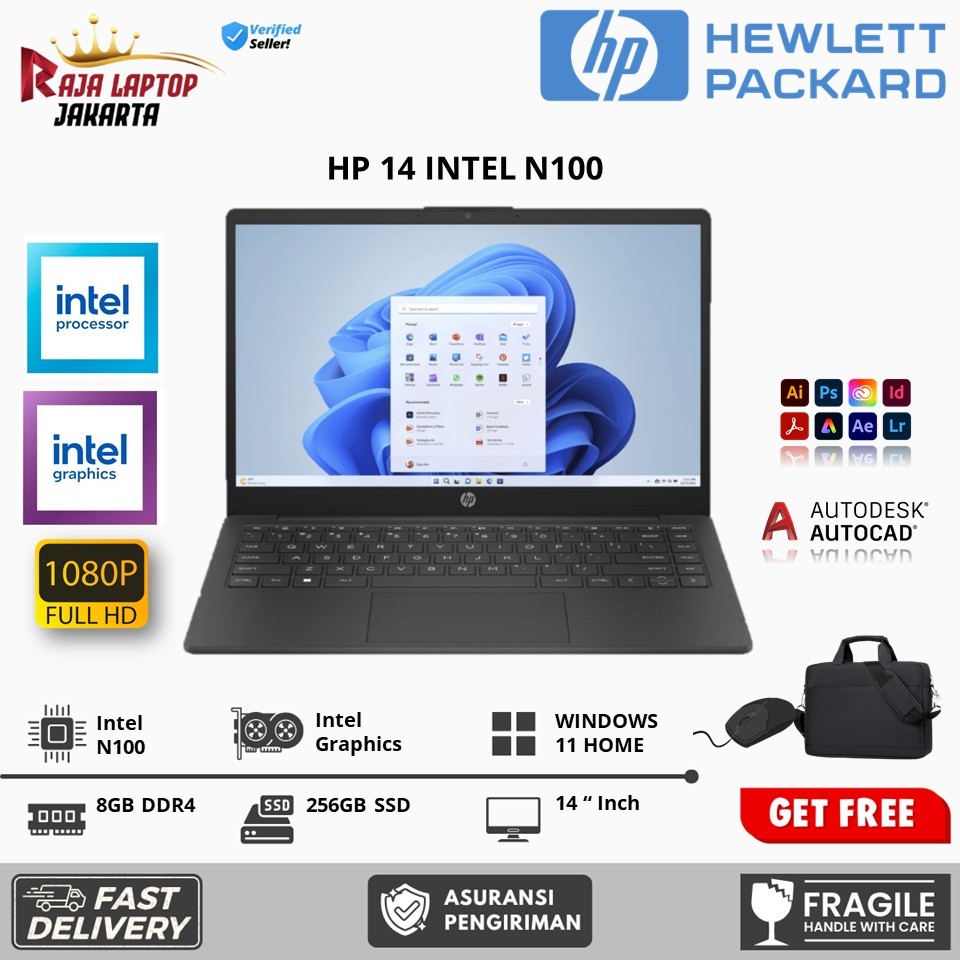 Laptop Baru Hp 14 Intel N100 Ram 8GB 512GB SSD Windows 11 Home Black
