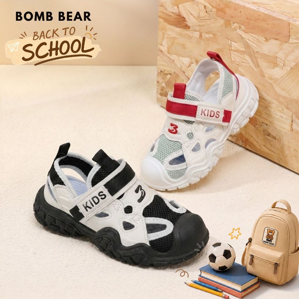 Bomb Bear Sepatu Sneakers Anak Laki Laki Back to School TK SD Hitam Premium Sporty YN-6519