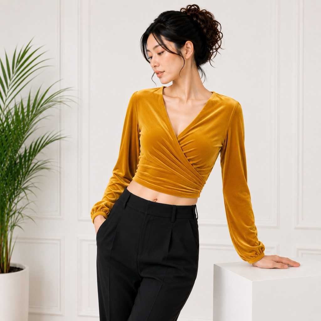 Karyl Atasan Bludru Crop Top Long Sleev V neck Lengan Panjang Balon Simple Crop Top Wanita Bludru 07