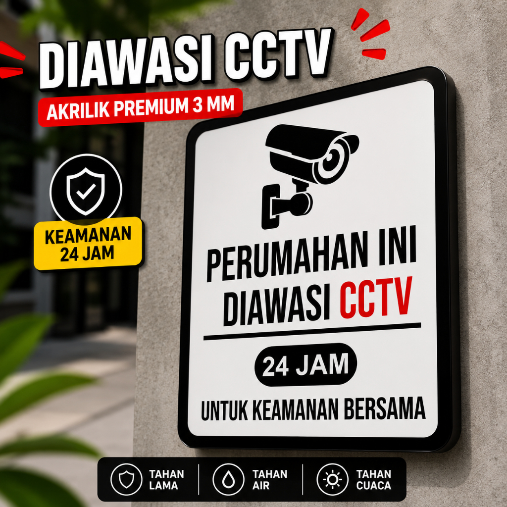 Papan CCTV 24 Jam Akrilik 3mm Timbul 3D Perumahan Ini Diawasi CCTV Sign Keamanan Rumah Kantor Gudang
