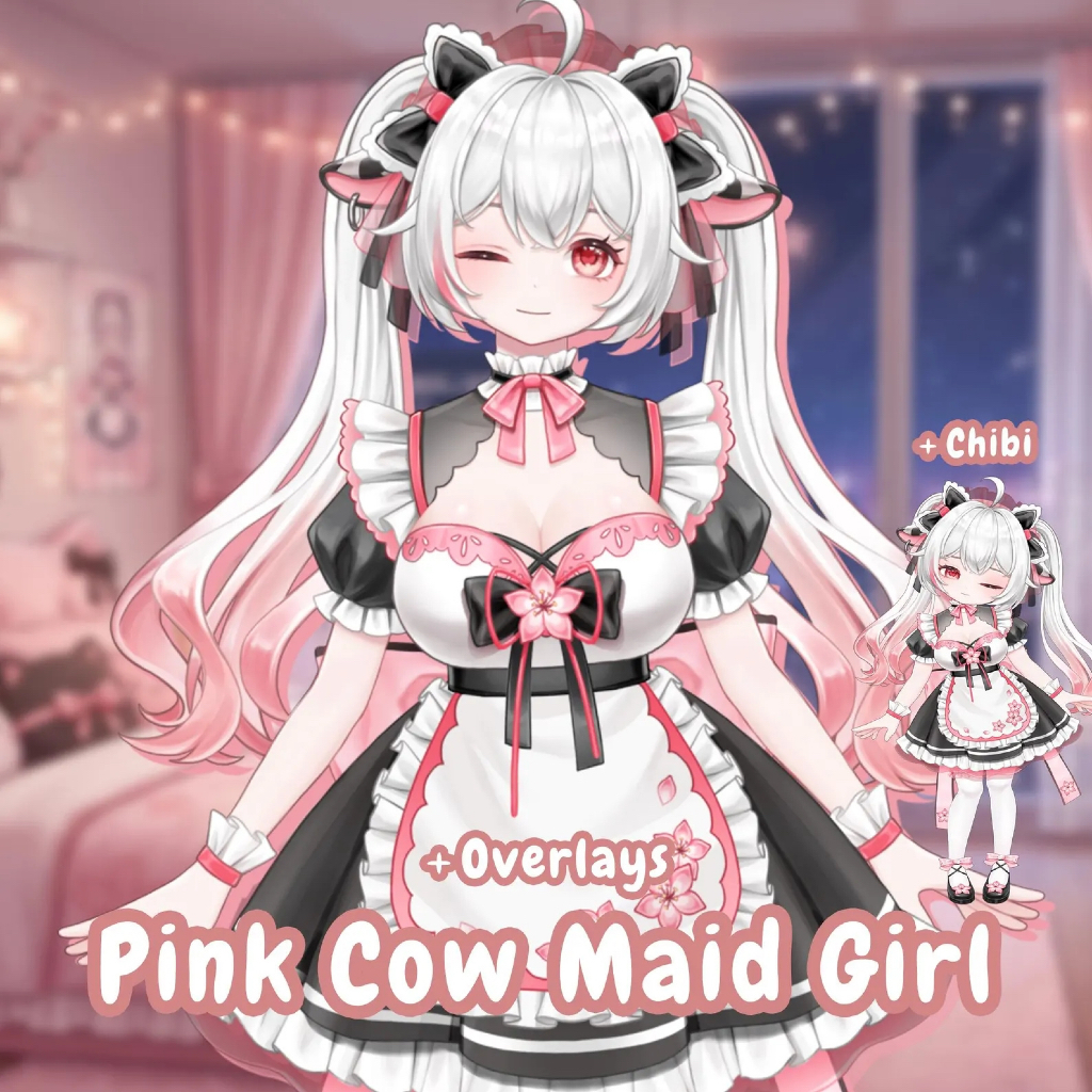 Live2D VTuber Model Pink Cow Maid Girl Chibi Mode Plus Overlay Pack VTube Studio