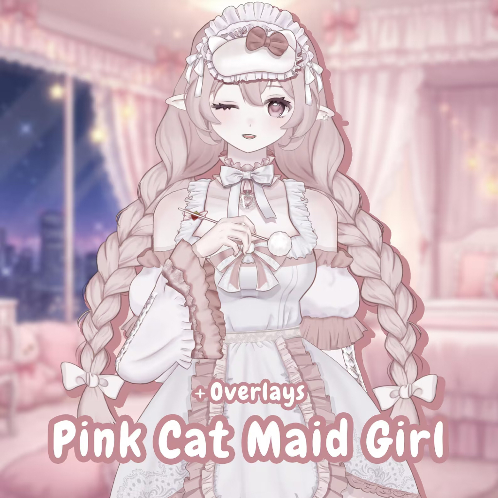 Live2D VTuber Model Pink Cat Maid Girl ASMR Mode Plus Overlay Pack VTube Studio