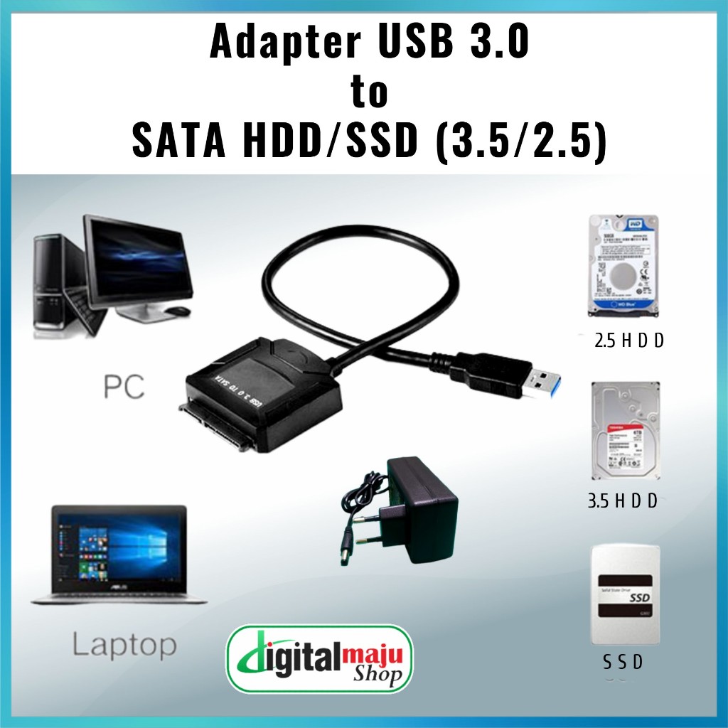 Kabel Converter SATA to USB 3.0 untuk HDD atau SSD SATA 3.5"/2.5" paket dengan Adaptor DC 12V