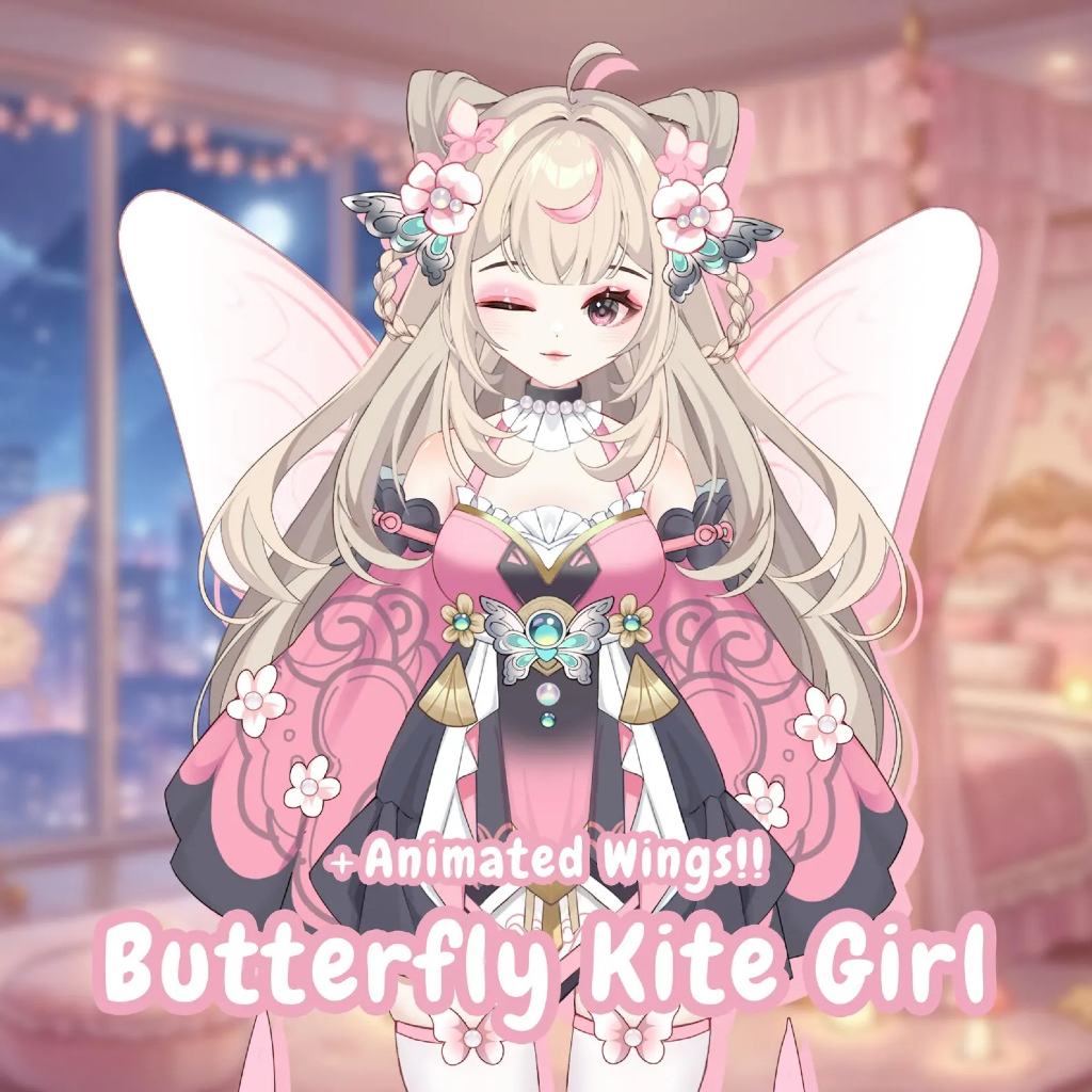 Live2D VTuber Model Pink Butterfly Kite Girl Animated Fairy Wings Overlay VTube Studio