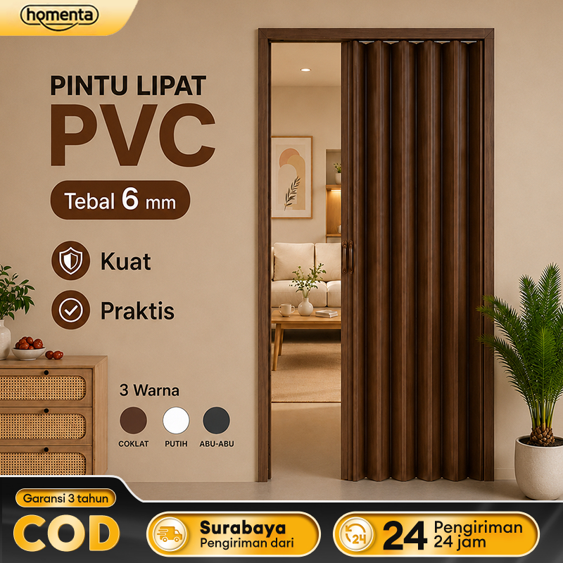 Homenta Pintu Lipat Geser PVC Tebal 6mm Aman Tahan Lama Pemasangan Tanpa Bor Anti Air Mudah Dibersih