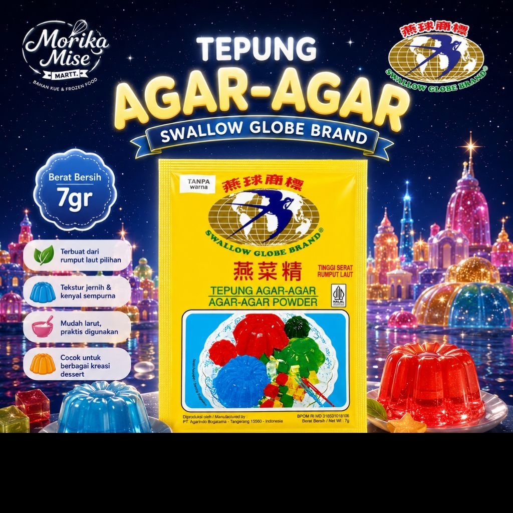 [ TEPUNG AGAR AGAR ] SATELIT SWALLOW GLOBE BRAND Agar-Agar Powder 7 gr Plain Tanpa Warna Tanpa Rasa 