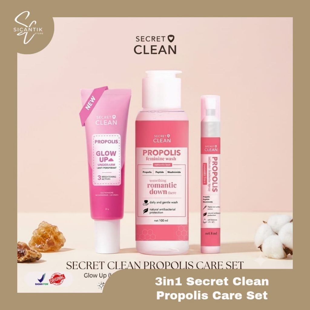 Secret Clean Propolis Care Set 3in1 Feminine Wash Intemate Spray Glow Up Underarm | Secret Clean Pro