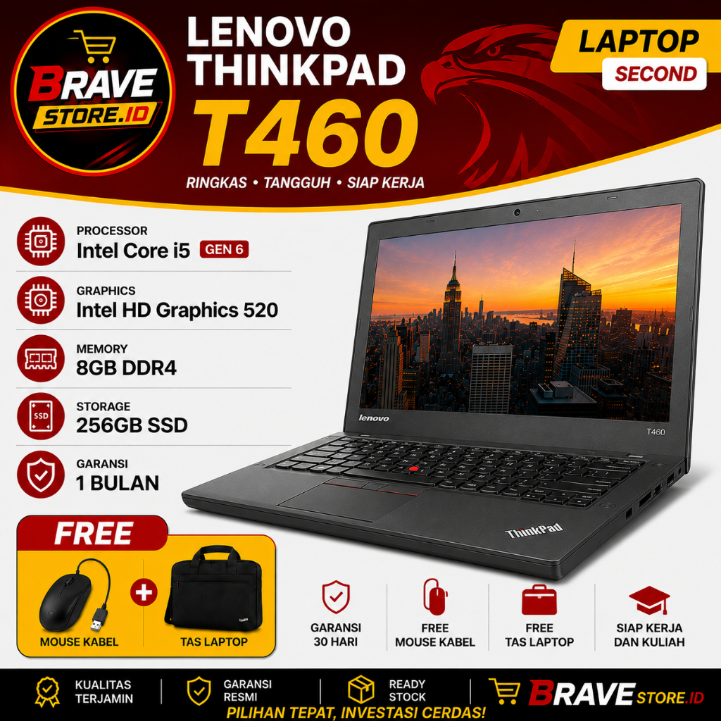 Laptop Bekas Lenovo Thinkpad T460 i5 Gen 6 Ram 8Gb Ssd 256GB Desain Ringan Bergaransi
