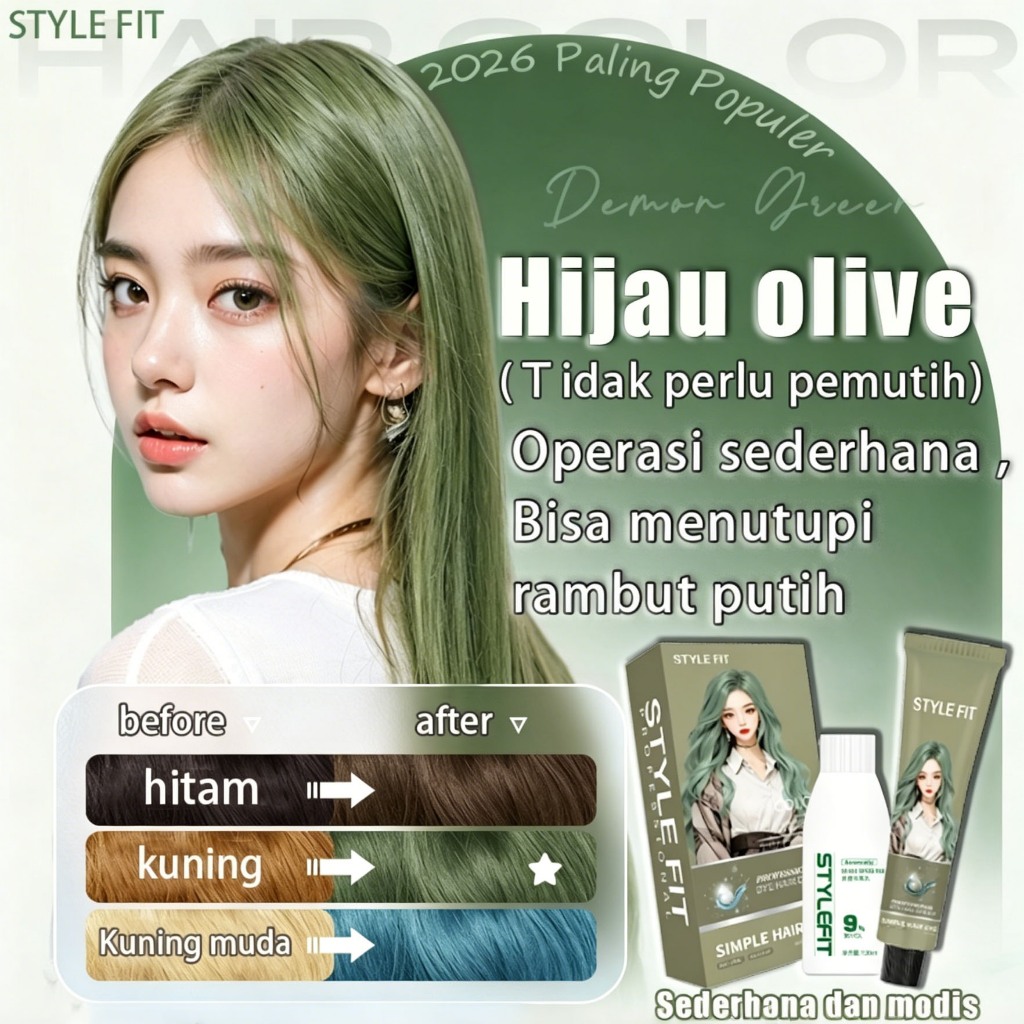 [Tidak perlu pemutih , langsung bisa cat]  STYLE FIT cat rambut Hijau olive *200ml sari tumbuhan mur