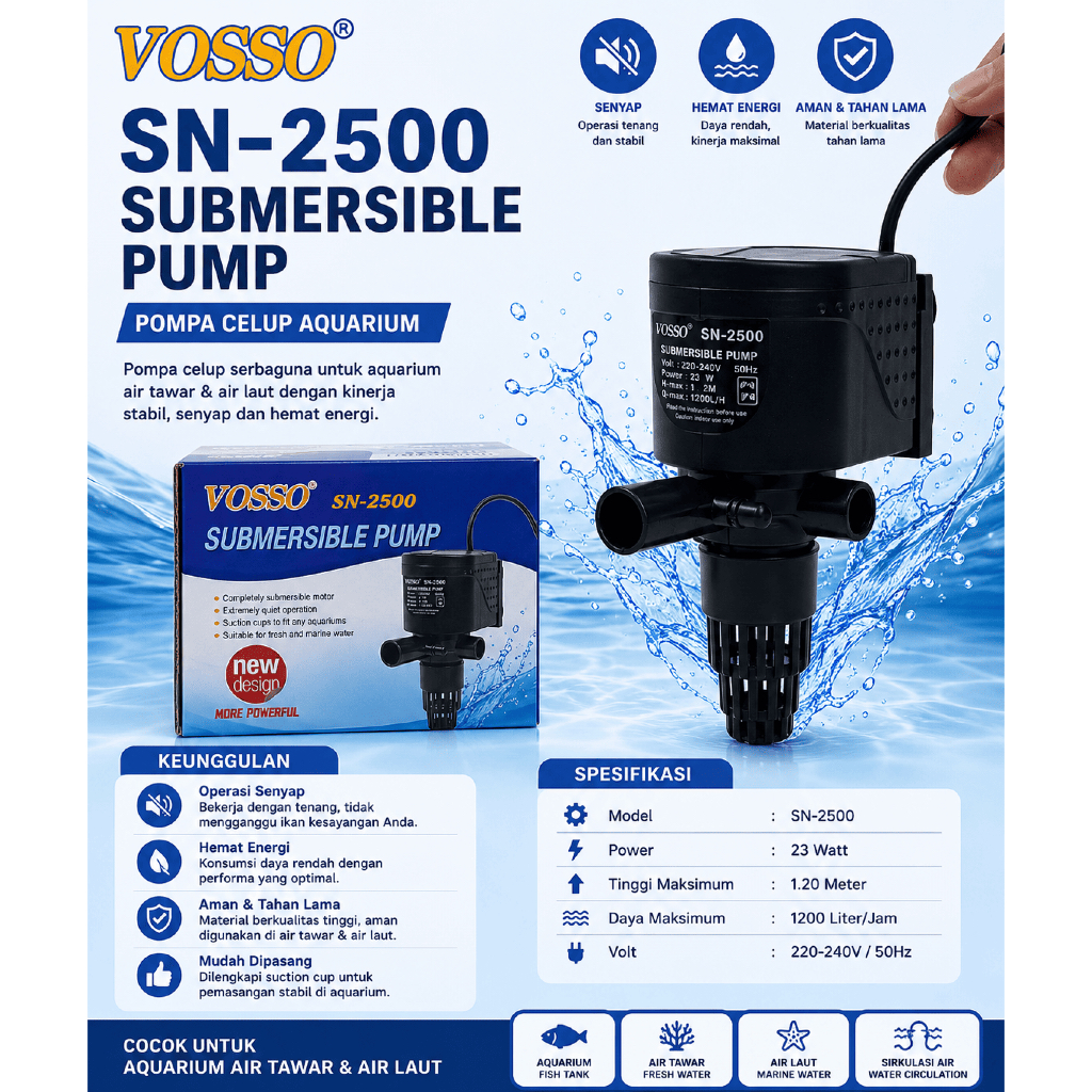 Vosso SN-2500 Pompa Celup Pompa Aquarium Pompa Hidroponik