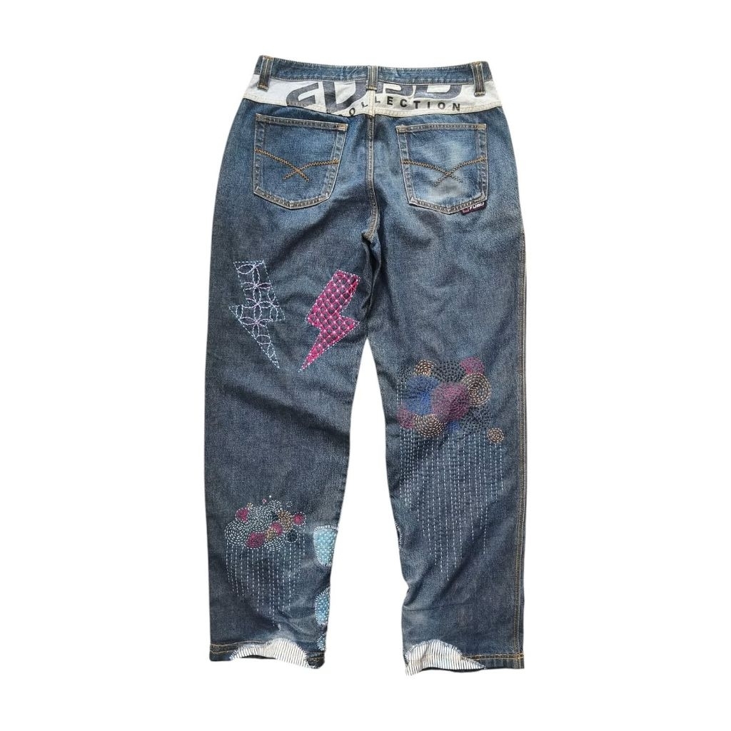 FUBU - Celana Jeans Panjang Baggy Pria Sashiko Repair Size 36