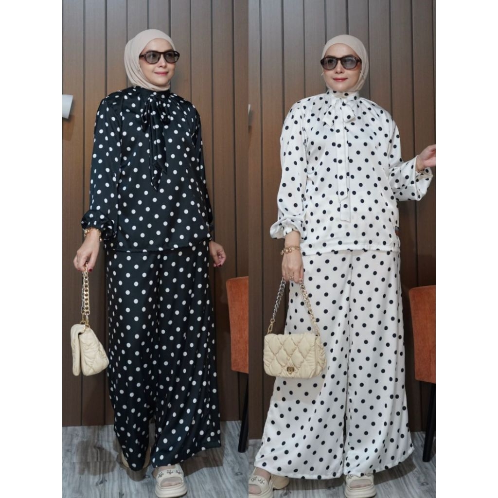 Stelan wanita terbaru bahan soft silk motif polkadot by.gyl