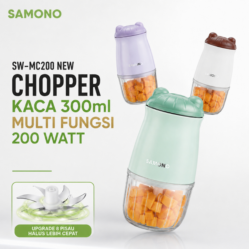 SAMONO Chopper Upgrade 8 Pisau Stainles Wadah Kaca 300ml 200 Watt  SW-MC200 Mesin Penggiling Bumbu D