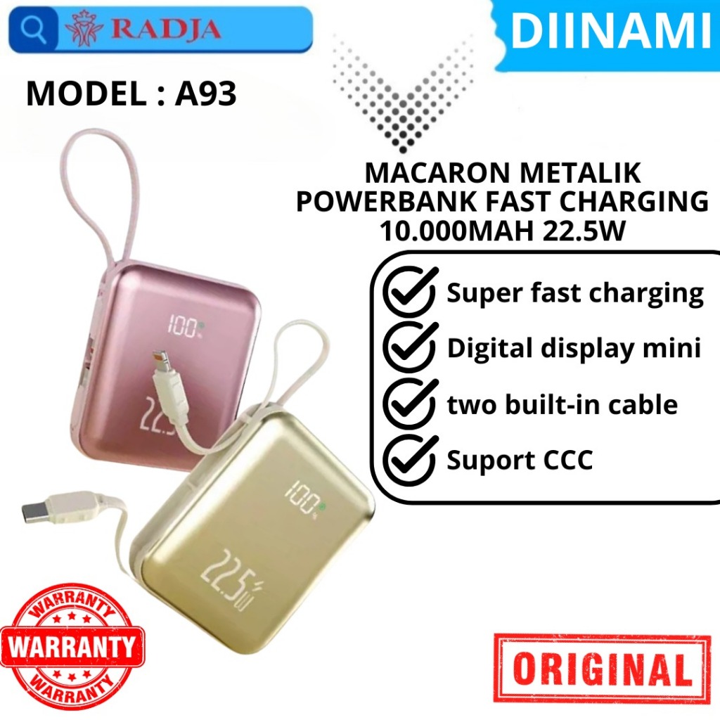 DIINAMI A93 MACARON METALIK Powerbank fast charging 10.000MAH 22.5W  Support CCC