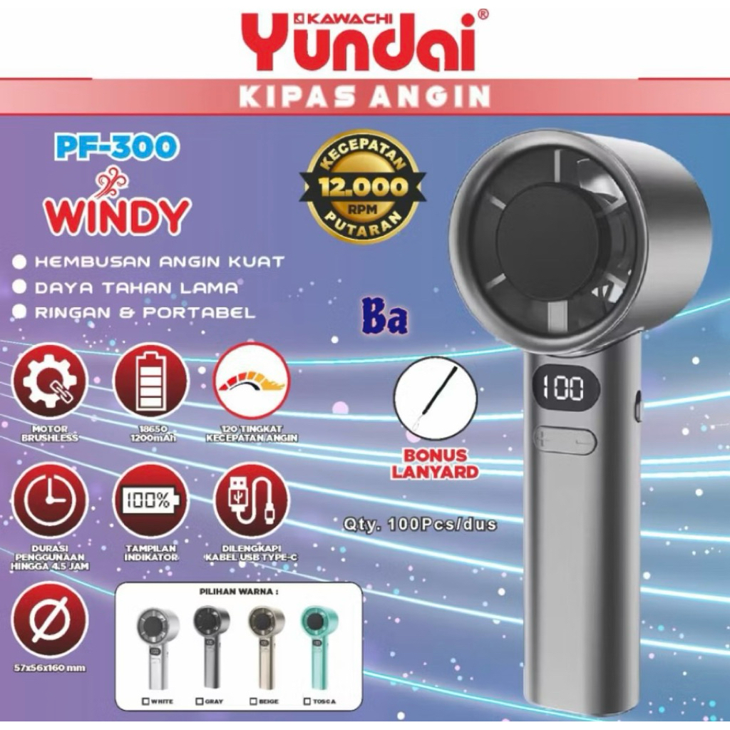 Kipas Angin Portable Yundai PF300 Windy / Kipas Angin Charge Yundai PF300 Windy