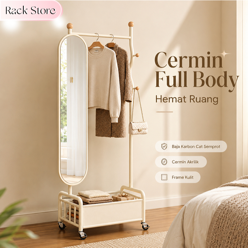 Rak Gantungan Baju dengan Cermin Full Body HD Lemari Pakaian Putih Roda