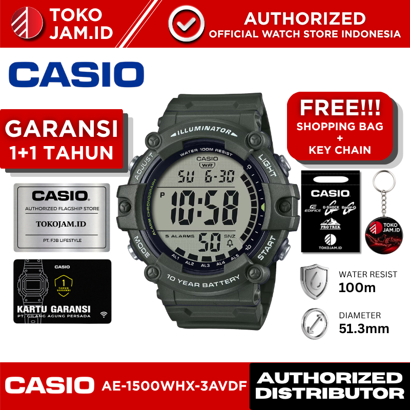 Casio AE-1500WHX-3AVDF Digital Army Green Sport LED Alarm Stopwatch Timer WR 100M Jam Tangan Pria