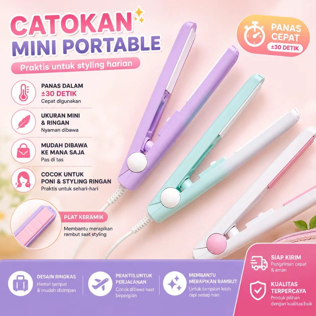 Catokan Rambut Mini Portable Cepat Panas Praktis untuk Styling Harian Mudah Dibawa