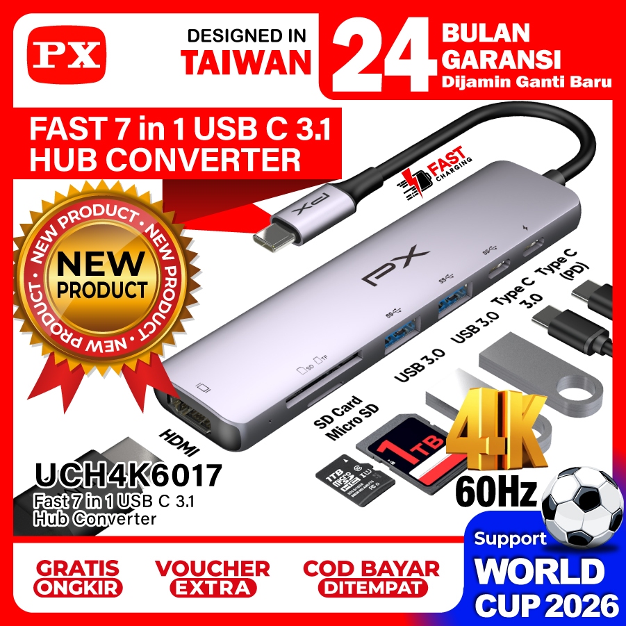 USB Type C 3.1 Hub Converter Type C HDMI 4K 60Hz USB 3.0 7 in 1 PX UCH4K6017