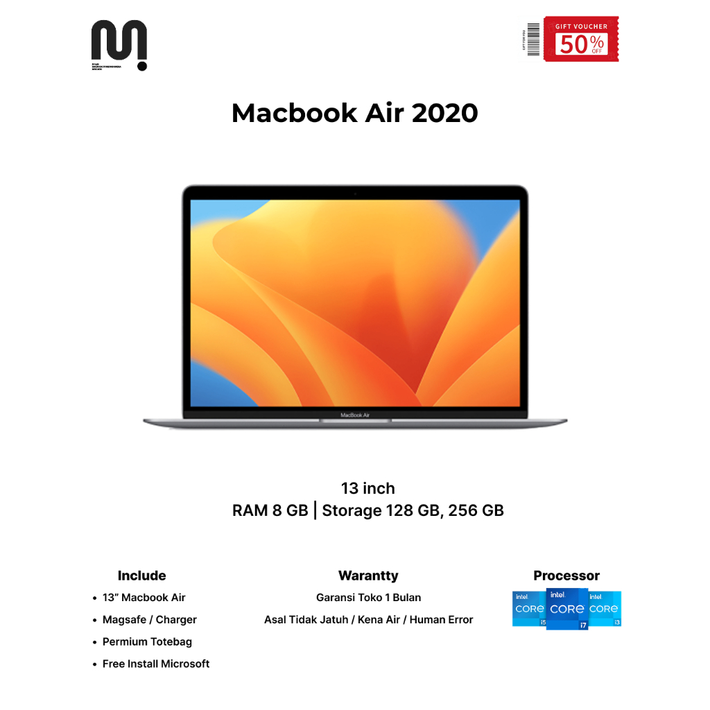 Macbook Air 2020 13" RAM 8 GB / 128 GB, 256 GB Intel Core i3/i5