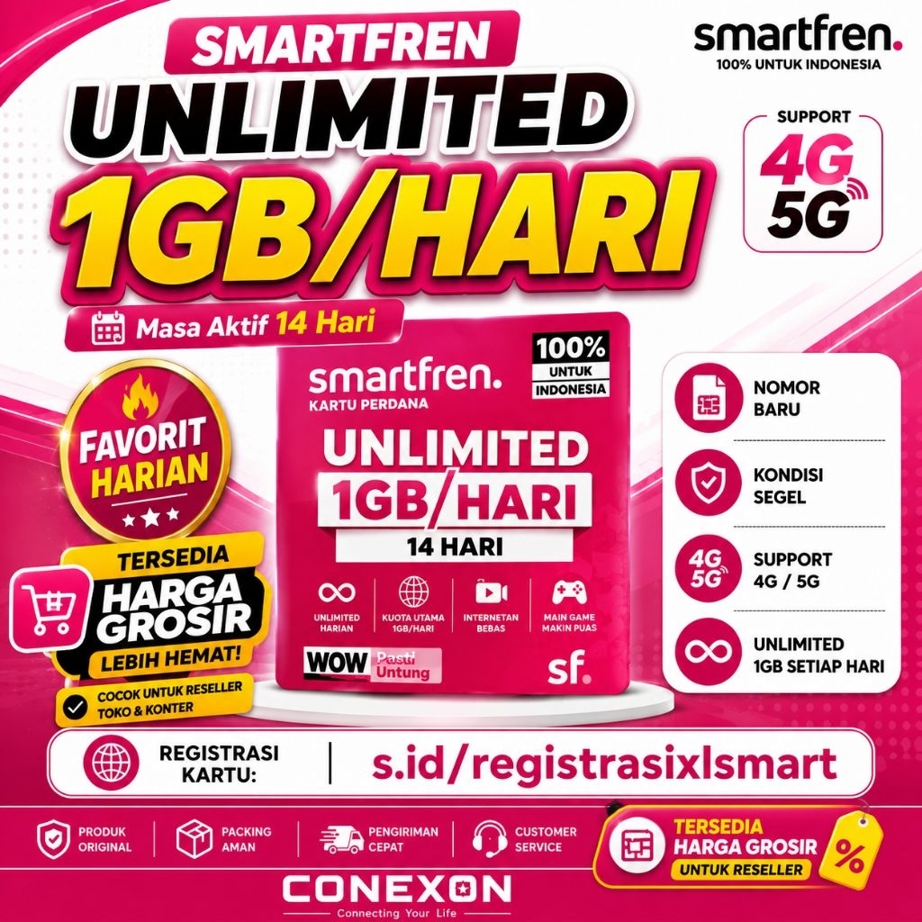 Kartu Perdana Smartfren Unlimited 1GB/Hari 14 Hari | Nomor Baru Support 4G 5G