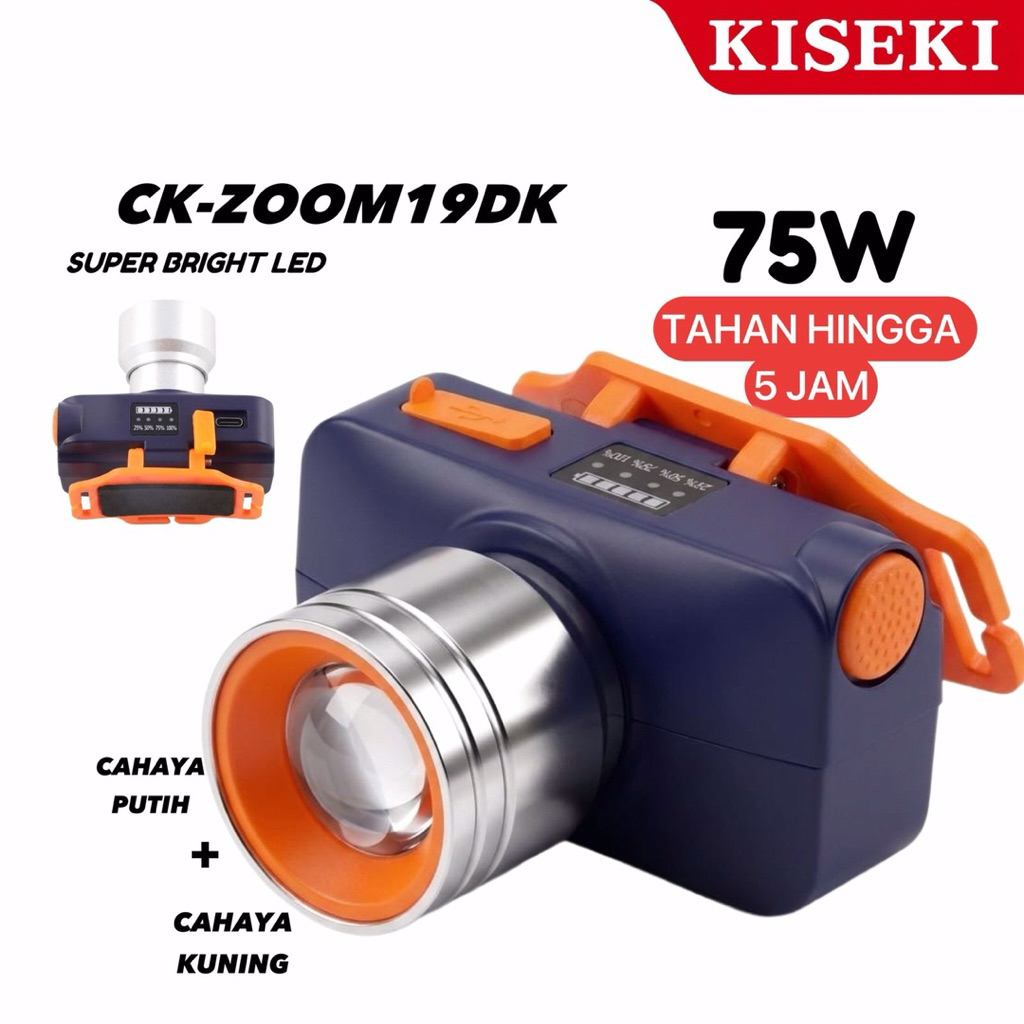 KISEKI Senter Kepala Zoom Laser Type C Rechargeable 1800mAh Cahaya Putih Kuning Headlamp Outdoor CK-