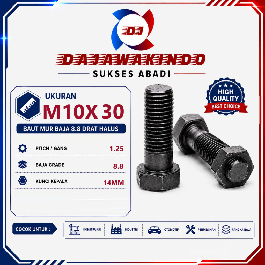 Baut Mur Baja 8.8 Drat Halus M10 x 30 MM / Baja 8.8 Drat Halus