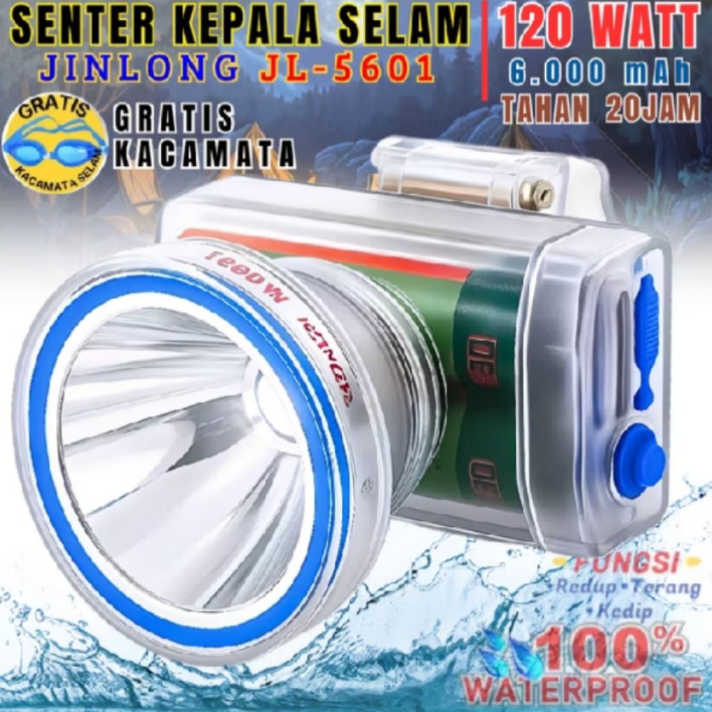 Senter Kepala Selam Waterproof Jinlong JL 5601 120 Watt Baterai 6000 Mah