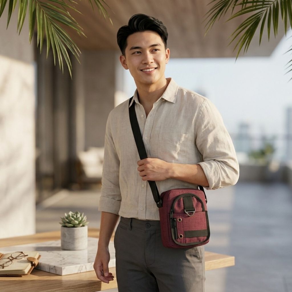 Tas Selempang Cowok Keren Mini Casual Cordura Premium Maroon